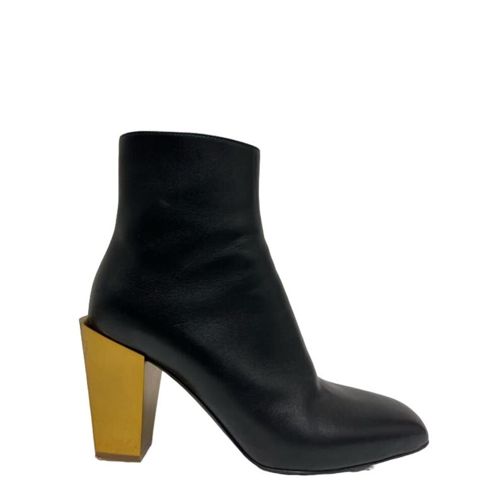 SALVATORE FERRAGAMO Black Leather Gold Block Heels Zip Square Toe Bootie Boots 7 - Picture 2 of 9
